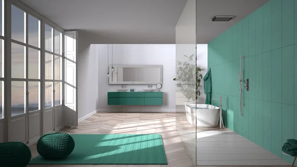 Amplio cuarto de baño en tonos turquesa con suelo de parquet, ventana panorámica, ducha a ras de suelo, bañera independiente, alfombra con pufs, doble lavabo, planta en maceta, diseño interior minimalista —  Fotos de Stock