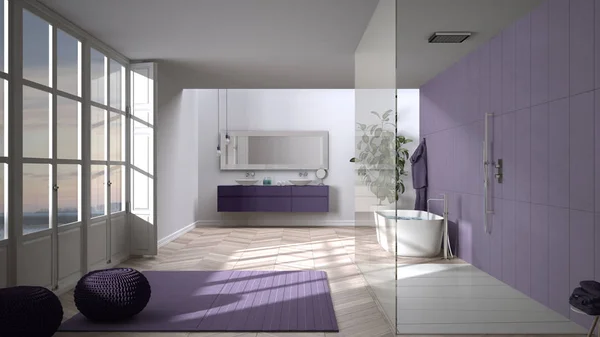 Przestronna łazienka w fioletowych kolorach z parkietem, panoramiczne okno, kabina prysznicowa i wanna wolnostojąca, dywan z pufami, podwójny umywalka, roślina doniczkowa, minimalistyczny wystrój wnętrz — Zdjęcie stockowe