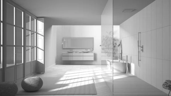 Total white project draft, przestronna łazienka z parkietem, panoramiczne okno, kabina prysznicowa i wanna wolnostojąca, dywan z pufami, podwójna umywalka, minimalistyczny wystrój wnętrz — Zdjęcie stockowe