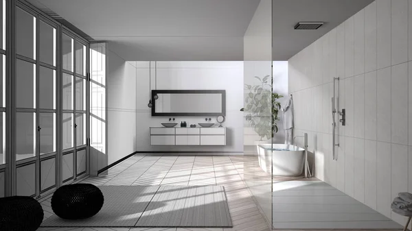Projekt architektoniczny wnętrz: niedokończony projekt, który staje się prawdziwą, przestronną łazienką, parkietem, oknem, kabiną prysznicową, wolnostojącą wanną, podwójnym zlewem, minimalistycznym designem — Zdjęcie stockowe