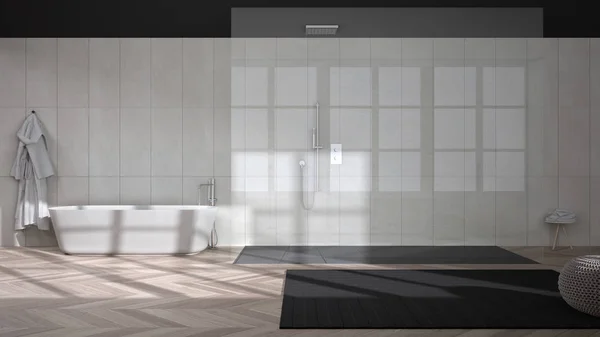 Spacious bathroom in white and gray tones with parquet floor, walk-in shower and freestanding tub, ceramic tiles, carpet with pouf, bathrobe and towels, minimalist interior design — 스톡 사진