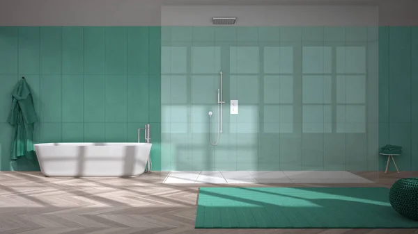 Przestronna łazienka w turkusowych kolorach z parkietem ze śledzia, kabiną prysznicową i wolnostojącą wanną, płytkami ceramicznymi, dywanem z pufą, szlafrokiem i ręcznikami, minimalistycznym wystrojem wnętrz — Zdjęcie stockowe