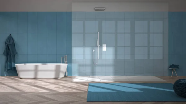 Просторная ванная комната в синих тонах с паркетным полом из сельди, душевой кабиной и ванной, керамической плиткой, ковровым покрытием с пуфом, халатом и полотенцами, минималистский дизайн интерьера — стоковое фото