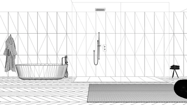 Projekt projektu Blueprint, przestronna łazienka z parkietem ze śledziony, kabina prysznicowa i wanna wolnostojąca, dywan z pufą, szlafrok i ręczniki, minimalistyczny wystrój wnętrz — Zdjęcie stockowe