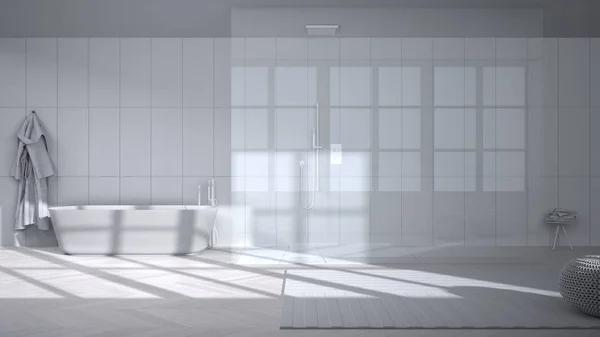 Rascunho do projeto branco total, banheiro espaçoso com piso em parquet espinha de peixe, chuveiro walk-in e banheira autônoma, tapete com pufe, roupão de banho e toalhas, design de interiores minimalista — Fotografia de Stock