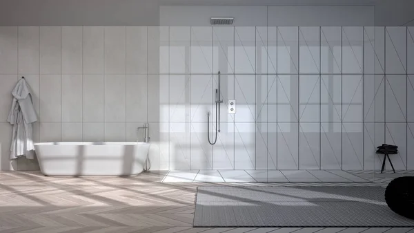 Architect interieur ontwerper concept: onafgewerkt project dat echt wordt, ruime badkamer met visgraat parketvloer, inloopdouche en vrijstaand bad, tapijt met poef — Stockfoto