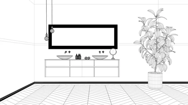 Blueprint project draft, spacious bathroom with parquet floor, close-up, double sink with towels and beauty bottles, mirror, potted plant, minimalist interior design concept idea — 스톡 사진