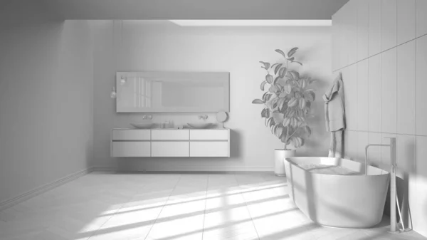 Celkový návrh bílého projektu, prostorná koupelna s podlahou z herringbone parkety, zblízka, volně stojící vana, dvojitý dřez s ručníky a lahvemi, květináč, minimalistický design interiéru — Stock fotografie