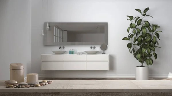 Wooden vintage table top or shelf with candles and pebbles, zen mood, over minimalist luxury bathroom with washbasin, potted plant, mirror, parquet floor, architecture interior design — Stock Photo, Image