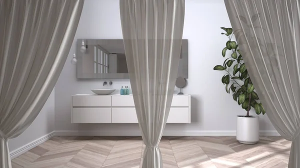 Hvide åbninger gardiner overlejre moderne badeværelse med håndvask og spejl interiør design, klipning sti, lodrette folder, bløde tyl tekstil tekstur, fase koncept med kopi plads - Stock-foto