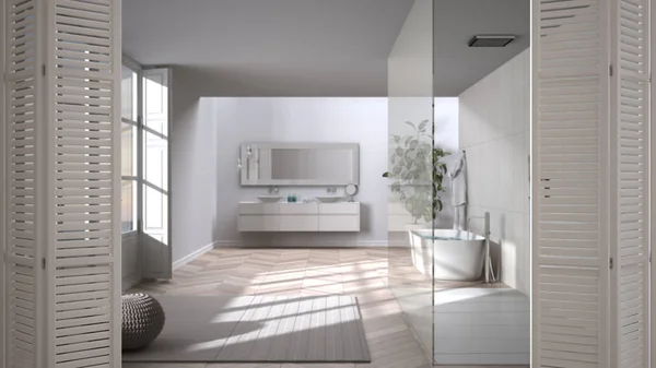 Porte pliante blanche ouvrant sur une salle de bain minimaliste de luxe avec baignoire, lavabo, tapis et douche à l'italienne, design d'intérieur blanc, concept d'architecte, fond flou — Photo