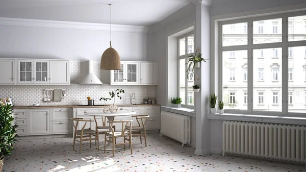 Retro white vintage kitchen with terrazzo marble floor and panoramic windows, dining room, round table with wooden chairs, potted plants, radiators, pendant lamp, cozy interior design