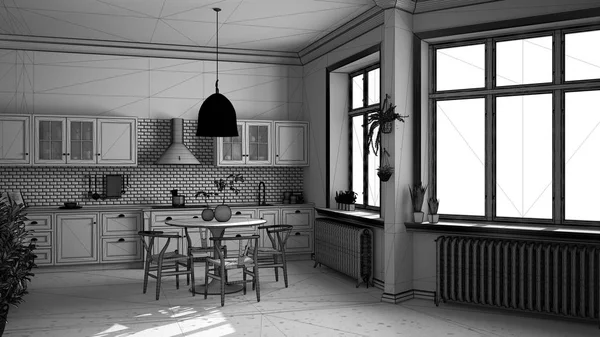 Незакінчений проект, ретро вінтажна кухня з мармуровою підлогою та вікнами, їдальня, стіл з дерев'яними стільцями, горщики, радіатори, підвісна лампа, затишний дизайн інтер'єру — стокове фото