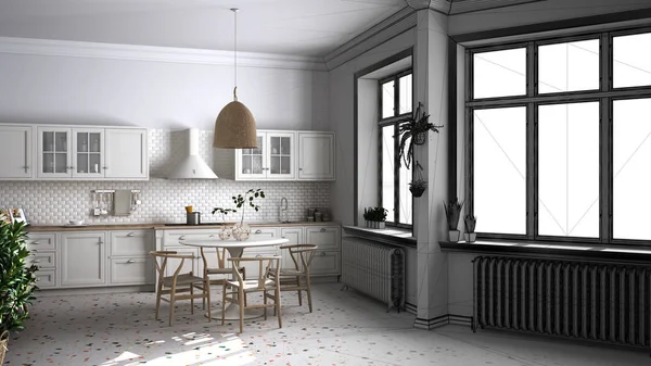Architect interior designer concept: unfinished project that becomes real, retro vintage kitchen with marble floor, dining room, table with chairs, potted plants, interior design