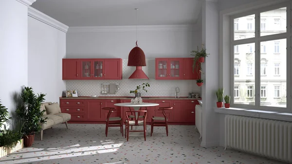 Retro biało-czerwona kuchnia vintage z terrazzo marmurowa podłoga, okna panoramiczne, jadalnia, okrągły stół z drewnianymi krzesłami, rośliny doniczkowe, grzejnik, lampa wisząca, wystrój wnętrz — Zdjęcie stockowe