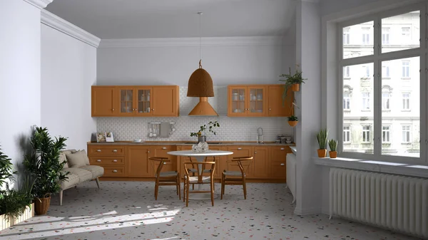 Cozinha vintage retrô branco e laranja com piso em mármore terrazzo, janelas panorâmicas, sala de jantar, mesa redonda com cadeiras de madeira, plantas em vaso, radiador, lâmpada, design de interiores — Fotografia de Stock