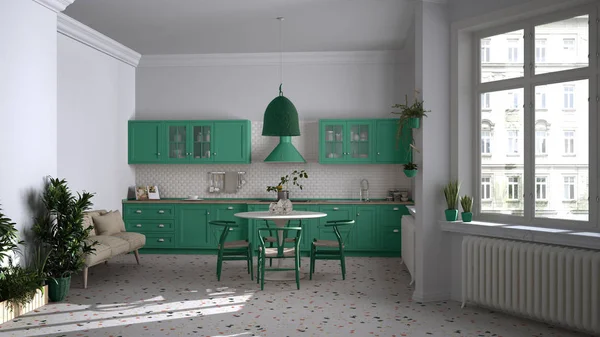 Cucina retrò bianca e turchese vintage con pavimento in marmo terrazzo, finestre panoramiche, sala da pranzo, tavolo rotondo con sedie in legno, piante in vaso, radiatore, lampada, interior design — Foto Stock