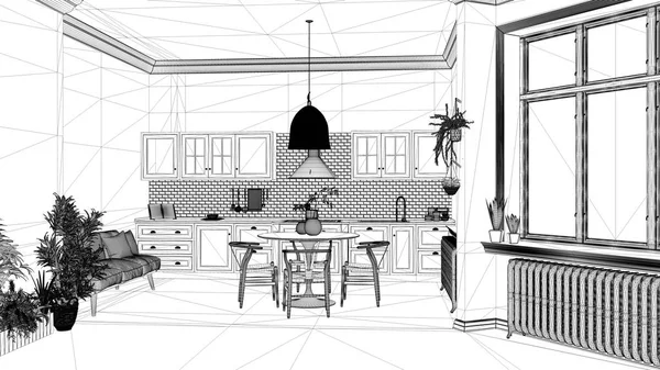 Проект чертежа, ретро винтажная кухня с мраморным полом и окнами, столовая, круглый стол с деревянными стульями, горшечные растения, радиаторы, подвесная лампа, уютный дизайн интерьера — стоковое фото
