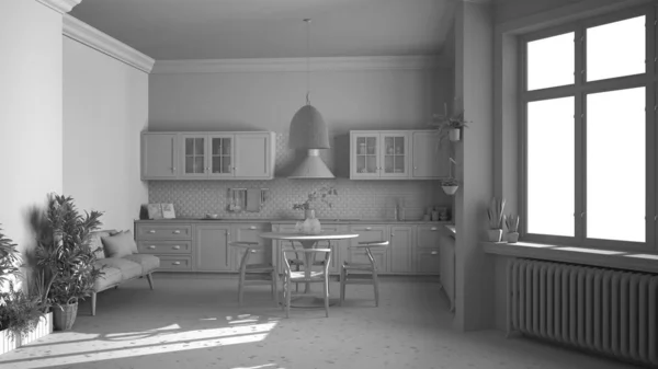 Общий проект белый, ретро винтажная кухня с мраморным полом и окнами, столовая, стол с деревянными стульями, горшечные растения, радиаторы, подвесная лампа, уютный дизайн интерьера — стоковое фото
