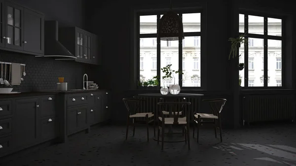 Retro gray vintage kitchen with terrazzo marble floor and panoramic windows, dining room, round table with wooden chairs, potted plants, radiators, pendant lamp, cozy interior design — 스톡 사진