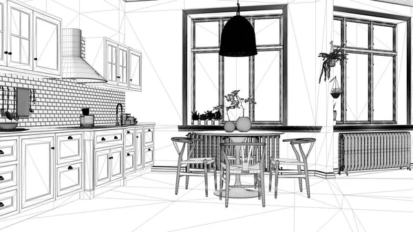 Blueprint project draft, retro vintage kitchen with marble floor and windows, dining room, round table with wooden chairs, potted plants, radiators, pendant lamp, cozy interior design — 스톡 사진