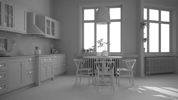 Celkový bílý projekt koncept, retro vinobraní kuchyně s mramorovou podlahou a okny, jídelna, stůl s dřevěnými židlemi, květináče, radiátory, závěsná lampa, útulný design interiéru — Stock fotografie
