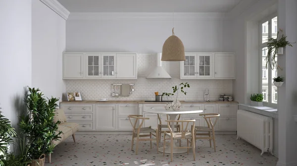 Cucina retrò bianca vintage con pavimento in marmo terrazzo e finestre panoramiche, sala da pranzo, tavolo rotondo con sedie in legno, piante in vaso, radiatori, lampada a sospensione, accogliente design d'interni — Foto Stock