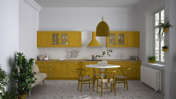 Ρετρό λευκό και κίτρινο vintage κουζίνα με μαρμάρινο πάτωμα terrazzo, πανοραμική παράθυρα, τραπεζαρία, στρογγυλό τραπέζι με ξύλινες καρέκλες, γλάστρες φυτά, καλοριφέρ, λάμπα, εσωτερική διακόσμηση — Φωτογραφία Αρχείου