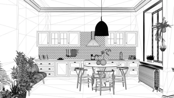 Проект відбитка, ретро вінтажна кухня з мармуровою підлогою та вікнами, їдальня, круглий стіл з дерев'яними стільцями, горщики, радіатори, підвісна лампа, затишний дизайн інтер'єру — стокове фото