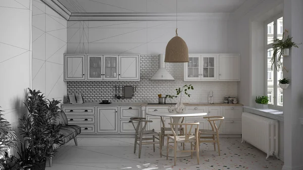 Концепция архитектора интерьера: незавершенный проект, который становится реальным, ретро винтажная кухня с мраморным полом, столовая, стол со стульями, горшечные растения, дизайн интерьера — стоковое фото