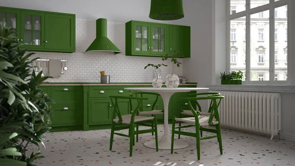 Retro white and green vintage kitchen with terrazzo marble floor, panoramic windows, dining room, round table with wooden chairs, potted plants, radiator, lamp, interior design — Stock Photo, Image