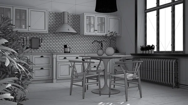 Unfinished project draft, retro vintage kitchen with marble floor and windows, dining room, table with wooden chairs, potted plants, radiators, pendant lamp, cozy interior design — 스톡 사진