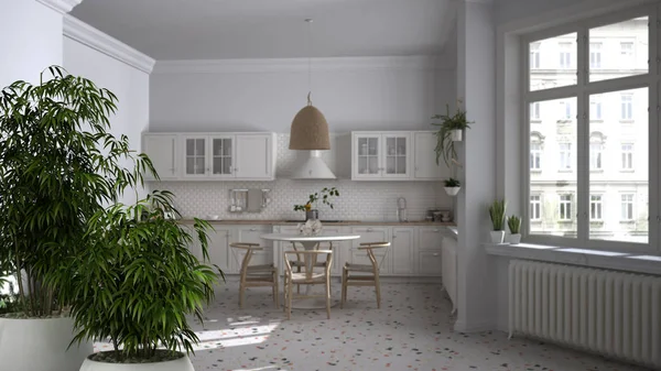 Zen iç döşeme bambu fabrikası, doğal iç dizayn konsepti mermer zemin ve pencereli retro vintage mutfak, yemek odası ahşap sandalyeli masa, mimari fikir.