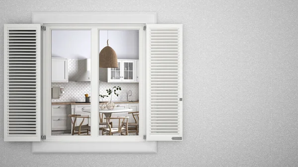 Exterior plaster wall with white window with shutters, showing retro kitchen with dining room, blank background with copy space, architecture design concept idea, mockup template — 스톡 사진