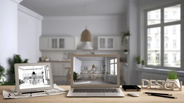 Arquiteto designer de conceito de desktop, laptop e tablet em mesa de madeira com tela mostrando projeto de design de interiores e esboço CAD, rascunho borrado no fundo, cozinha retro — Fotografia de Stock
