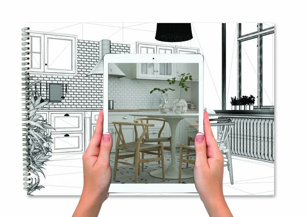 Manos sosteniendo la tableta que muestra cocina retro, cuaderno con fondo de boceto plano, concepto de realidad aumentada, aplicación para simular muebles y productos de diseño de interiores — Foto de Stock