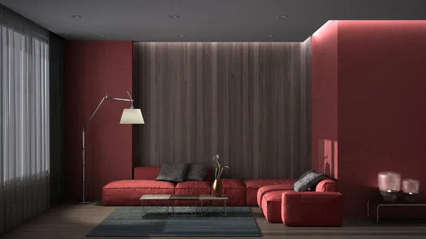 Luxusní minimální obývací pokoj s parketovou podlahou, betonovou stěnou a dřevěným panelem, velká pohovka s polštáři, koberec a konferenční stolek, podlahová lampa a záclony. Červený barevný design interiéru — Stock fotografie