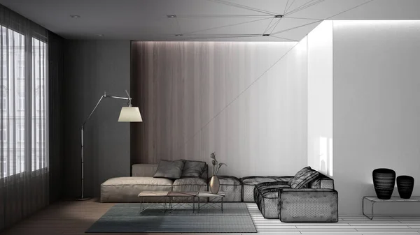 Architect interior designer concept: unfinished project that becomes real, luxury minimal living room with parquet floor, concrete wall and wooden panel, sofa, carpet, curtains — 스톡 사진