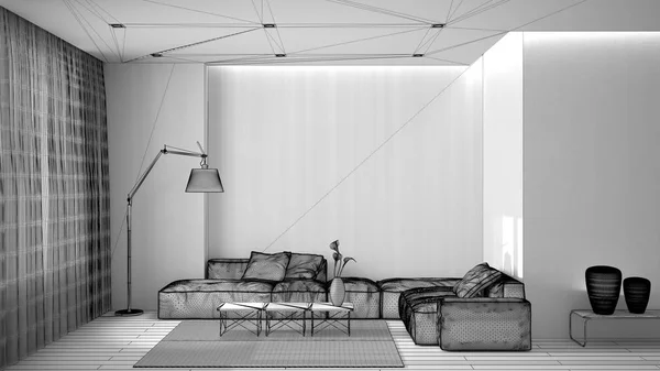 Proyek draft yang belum selesai, mewah ruang tamu minimal dengan lantai parket, dinding beton dan panel kayu, sofa, karpet dan meja kopi, lampu dan tirai. Desain interior kontemporer — Stok Foto