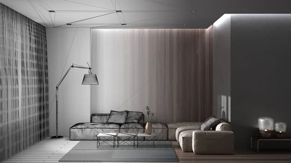 Концепція дизайнера інтер'єру: незакінчений проект, який стає реальною, розкішною мінімальною вітальнею з паркетною підлогою, бетонною стіною та дерев'яною панеллю, диваном, килимом, шторами — стокове фото