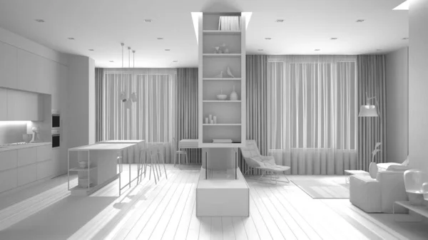 Celkový bílý projekt návrh, luxusní minimální obývací pokoj, kuchyň s ostrovem a stoličkami, parkety, pohovka, křeslo, krb, koberec, okna se závěsy. Současný design interiéru — Stock fotografie