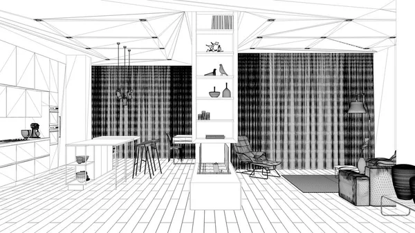 Проект чертежа, роскошная минимальная гостиная, кухня с островом и стульями, паркет, диван, кресло, камин, ковер, окна с занавесками. Современный дизайн интерьера — стоковое фото