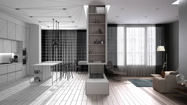 Architekt Innenarchitekturkonzept: unvollendetes Projekt, das real wird, luxuriöses minimalistisches Wohnzimmer, Küche mit Insel, Parkett, Sofa, Sessel, Kamin, Fenster mit Vorhängen — Stockfoto