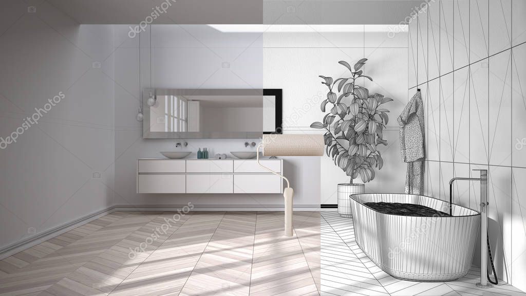 Paint roller painting interior design blueprint sketch background while the space becomes real showing modern bathroom, bathtub. Before and after concept, architect designer creative