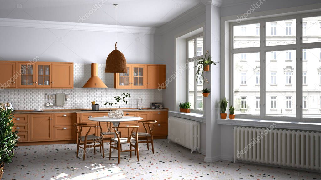 Retro white and orange vintage kitchen with terrazzo marble floor, panoramic windows, dining room, round table with wooden chairs, potted plants, radiator, lamp, interior design