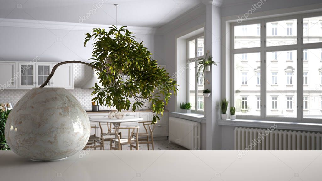 White mat table shelf with round marble vase and potted bonsai, green leaves, over retro kitchen, dining table and chairs, modern interior design, zen clean architecture concept idea