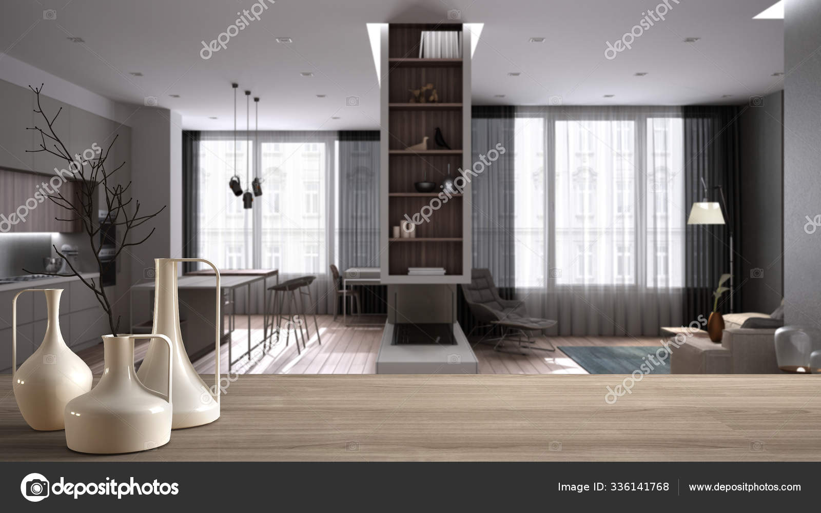 Wooden Table Top Or Shelf With Minimalistic Modern Vases Over Blurred Minimal Studio Apartment Living Room And Kitchen Mezzanine Wooden Loft Architecture Interior Design Stock Photo C Archiviz 336141768