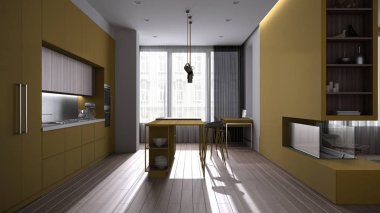 Beyaz ve sarı tonlarda az sayıda oturma odası, adalı mutfak, tabure, dekorasyon, kolye lambaları, parke, şömine, perdeli pencereler. Çağdaş iç tasarım