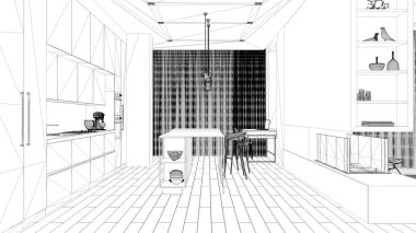 Proje taslağı, asgari oturma odası, adalı mutfak, tabure, dekorasyon, kolye lambaları, parke, şömine, perdeli pencereler. Çağdaş iç tasarım