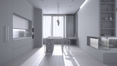 Tamamen beyaz proje taslağı, asgari oturma odası, adalı mutfak, tabure, dekorasyon, kolye lambaları, parke, şömine, perdeli pencereler. Çağdaş iç tasarım